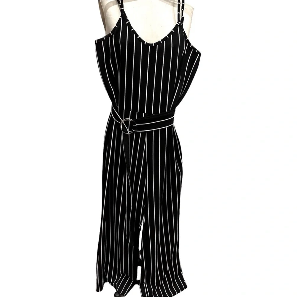 Rue21 Striped Wide Leg Jumpsuit Size Large Black Spaghetti Strap